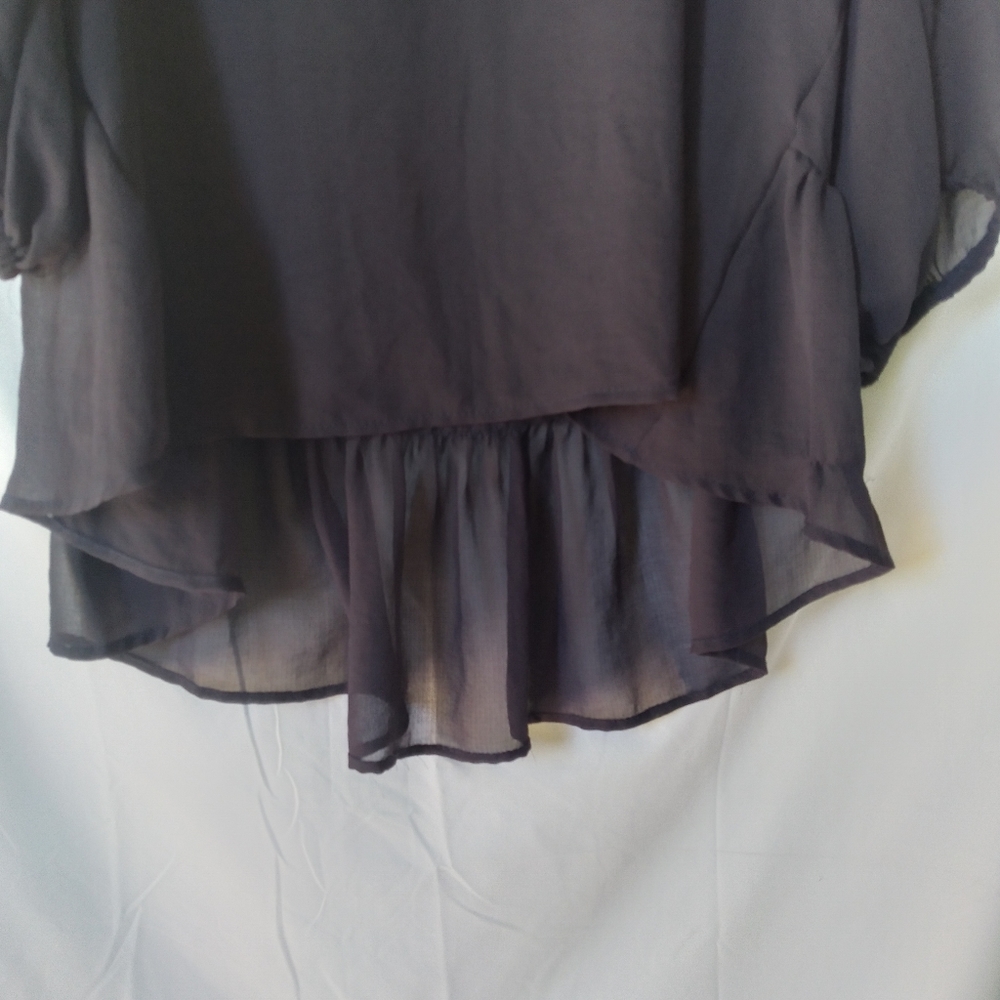 Chris And Carol Blouse Womens Size L High Low Navy Sheer Balloon Sleeve - Picture 5 of 7